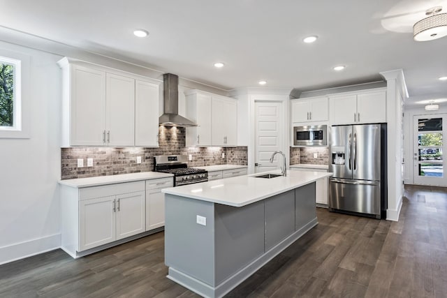 kitchen with stainless steel appliances, wall chimney range hood, a sink, white cabinetry, and backsplash
