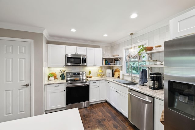 906 Temple Ct, Murfreesboro, TN 37130 - kitchen featuring stainless steel appliances, open shelves, a sink, crown molding, and tasteful backsplash
