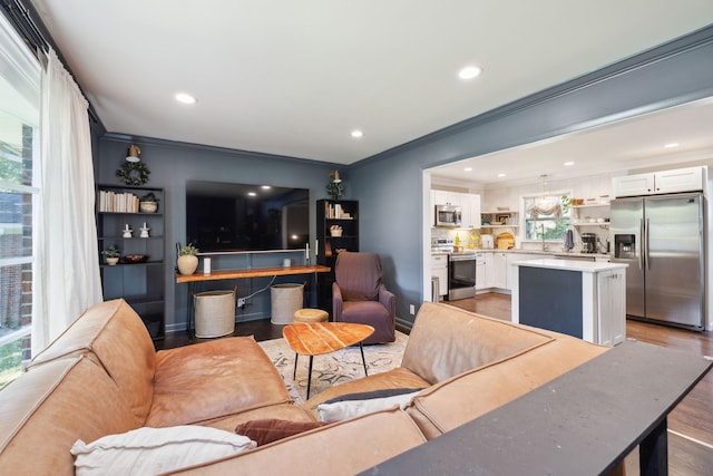 906 Temple Ct, Murfreesboro, TN 37130 - living room featuring crown molding, light wood-style flooring, and recessed lighting