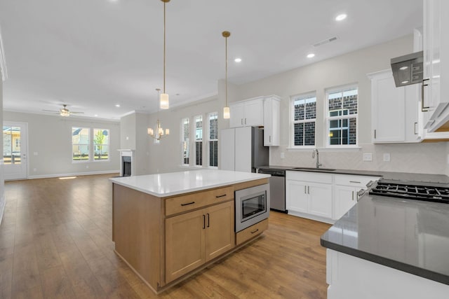 513 Perrin Aly, Antioch, TN 37013 - kitchen featuring appliances with stainless steel finishes, a sink, wood finished floors, backsplash, and pendant lighting