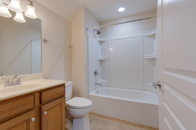 bathroom featuring toilet, vanity, tile patterned floors, washtub / shower combination, and recessed lighting