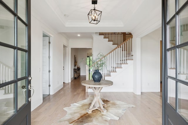 7214 Neills Branch Dr, College Grove, TN 37046 - entrance foyer featuring stairway, light wood-style floors, baseboards, a chandelier, and ornamental molding