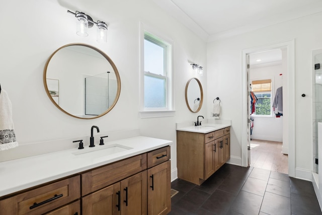 7214 Neills Branch Dr, College Grove, TN 37046 - bathroom featuring two vanities, tile patterned flooring, a shower with shower door, and baseboards