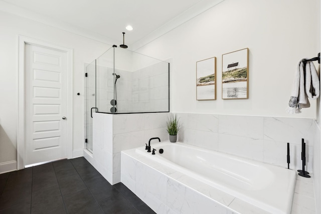 7214 Neills Branch Dr, College Grove, TN 37046 - bathroom featuring a shower stall, a garden tub, and tile patterned flooring