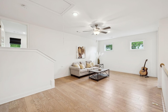 7214 Neills Branch Dr, College Grove, TN 37046 - living room featuring attic access, a ceiling fan, light wood-style flooring, baseboards, and recessed lighting