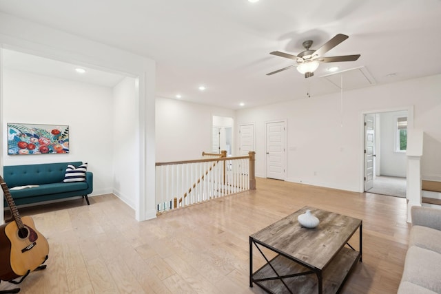 7214 Neills Branch Dr, College Grove, TN 37046 - living room featuring attic access, ceiling fan, light wood-type flooring, baseboards, and recessed lighting