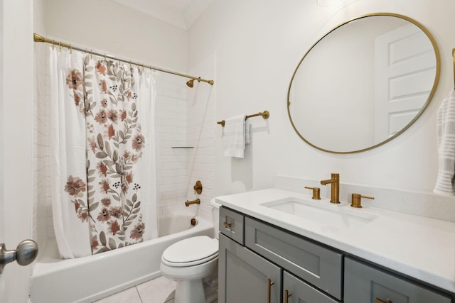 7214 Neills Branch Dr, College Grove, TN 37046 - full bathroom with shower / bathtub combination with curtain, vanity, tile patterned flooring, and toilet