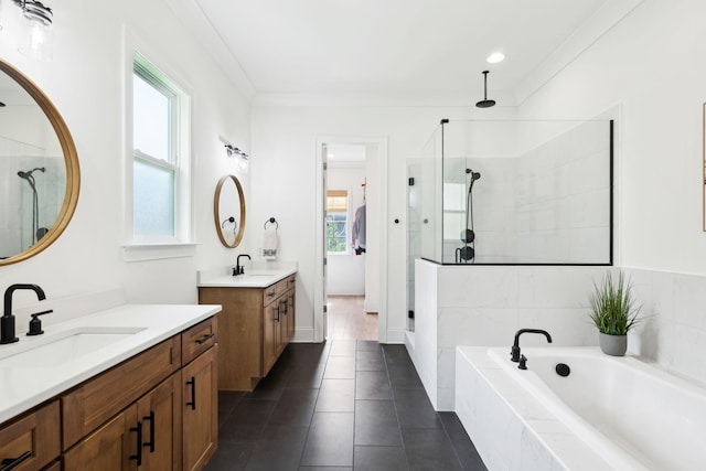 7214 Neills Branch Dr, College Grove, TN 37046 - full bathroom featuring tiled shower, a garden tub, tile patterned flooring, and two vanities