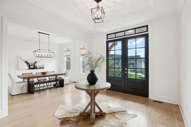 7214 Neills Branch Dr, College Grove, TN 37046 - entrance foyer with a tray ceiling, a chandelier, healthy amount of natural light, french doors, and ornamental molding