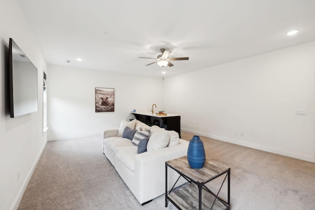 7214 Neills Branch Dr, College Grove, TN 37046 - living area featuring light colored carpet, ceiling fan, baseboards, and recessed lighting