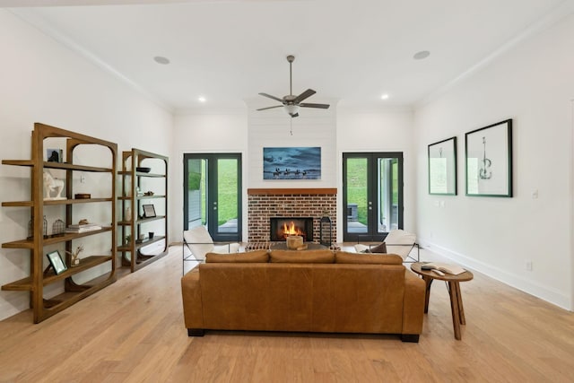 7214 Neills Branch Dr, College Grove, TN 37046 - living room with plenty of natural light, light wood-style flooring, a brick fireplace, and ornamental molding