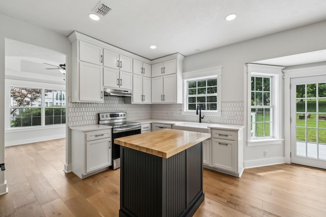 503 Mable Mason Cv, La Vergne, TN 37086 - kitchen featuring stainless steel electric range oven, butcher block countertops, a sink, under cabinet range hood, and white cabinets