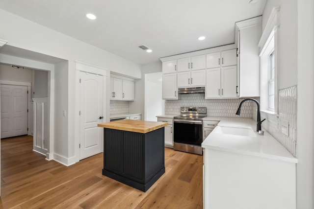 503 Mable Mason Cv, La Vergne, TN 37086 - kitchen with electric range, wooden counters, a sink, under cabinet range hood, and white cabinets