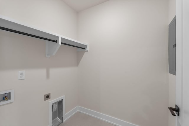 laundry area with electric dryer hookup, washer hookup, baseboards, and electric panel