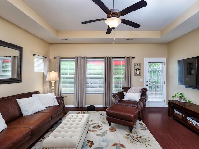 living room featuring a tray ceiling, healthy amount of natural light, and wood finished floors