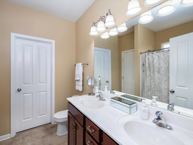 full bathroom with toilet, double vanity, a shower with shower curtain, and tile patterned flooring