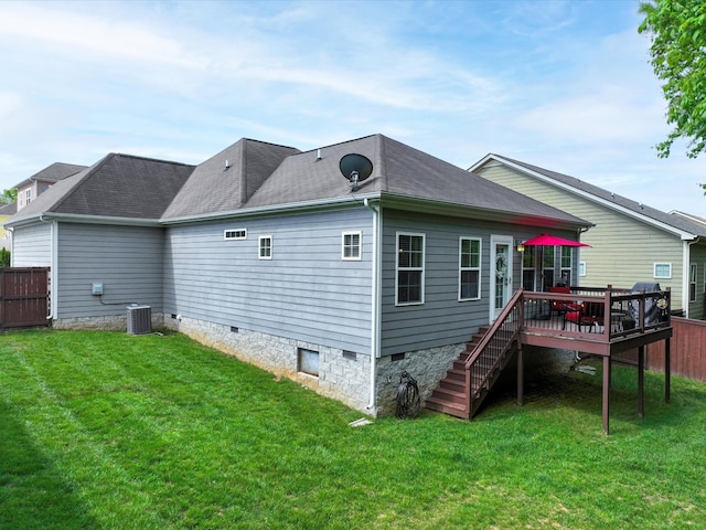 rear view of house with crawl space, a wooden deck, central air condition unit, stairs, and a shingled roof
