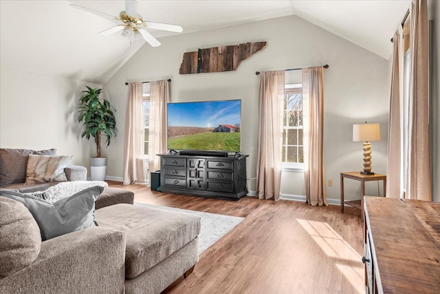 2025 Lewisburg Pike, Franklin, TN 37064 - living area with vaulted ceiling, a ceiling fan, wood finished floors, and baseboards