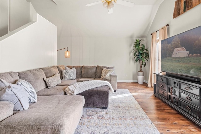 2025 Lewisburg Pike, Franklin, TN 37064 - living room with lofted ceiling, wood finished floors, ceiling fan, and baseboards
