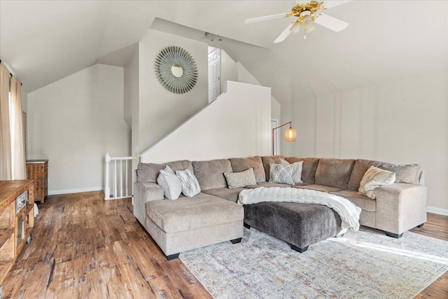 2025 Lewisburg Pike, Franklin, TN 37064 - living area with vaulted ceiling, wood finished floors, a ceiling fan, and baseboards