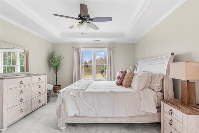 2025 Lewisburg Pike, Franklin, TN 37064 - bedroom with multiple windows, a tray ceiling, ornamental molding, light colored carpet, and ceiling fan