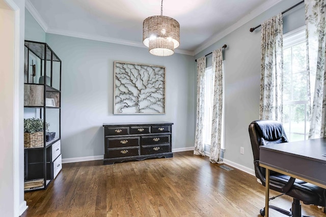 2025 Lewisburg Pike, Franklin, TN 37064 - home office featuring dark wood-style flooring, baseboards, ornamental molding, and a chandelier