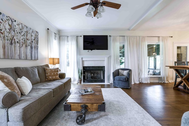 2025 Lewisburg Pike, Franklin, TN 37064 - living room featuring a ceiling fan, wood finished floors, a fireplace, and ornamental molding