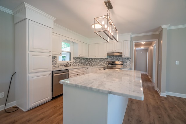 kitchen featuring appliances with stainless steel finishes, under cabinet range hood, white cabinetry, wood finished floors, and crown molding