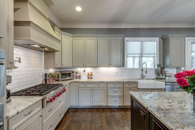 kitchen with a sink, stainless steel gas stovetop, custom exhaust hood, crown molding, and tasteful backsplash