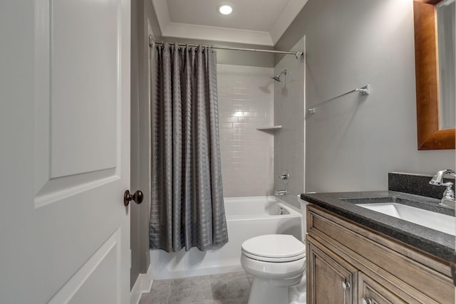 full bath featuring shower / bath combo, toilet, vanity, tile patterned floors, and recessed lighting