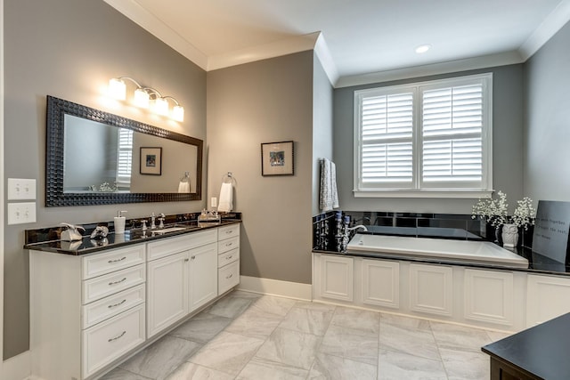 full bath featuring ornamental molding, vanity, marble finish floors, a bath, and baseboards
