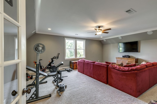 carpeted home theater room with ceiling fan, lofted ceiling, recessed lighting, and baseboards