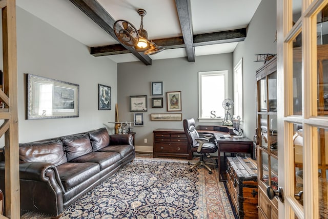home office with coffered ceiling, beam ceiling, wood finished floors, and baseboards
