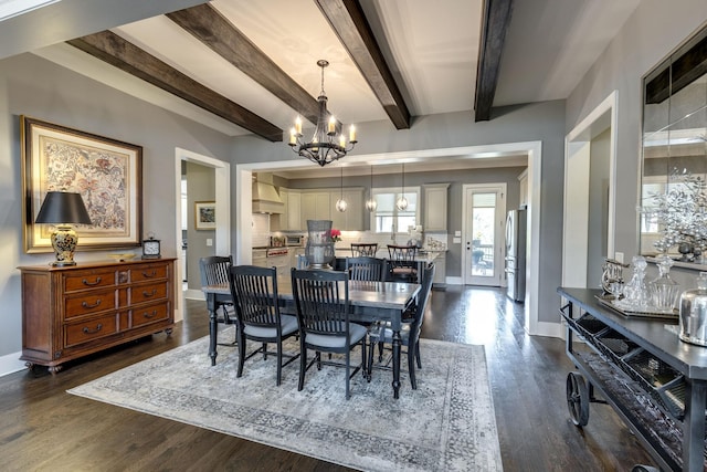 dining space with a chandelier, beam ceiling, baseboards, and dark wood-style floors