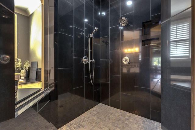 full bathroom featuring walk in shower and tile patterned floors