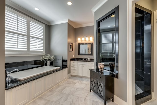 bathroom featuring a garden tub, marble finish floors, vanity, ornamental molding, and recessed lighting