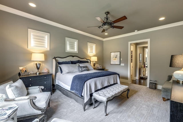 bedroom featuring recessed lighting, crown molding, baseboards, and ceiling fan