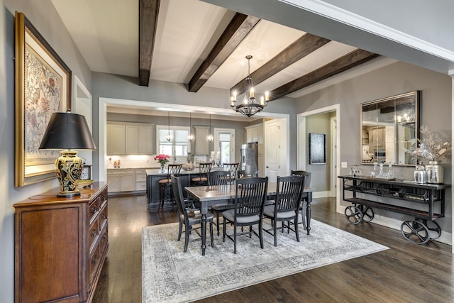 dining room with a chandelier, beamed ceiling, dark wood-style floors, and baseboards