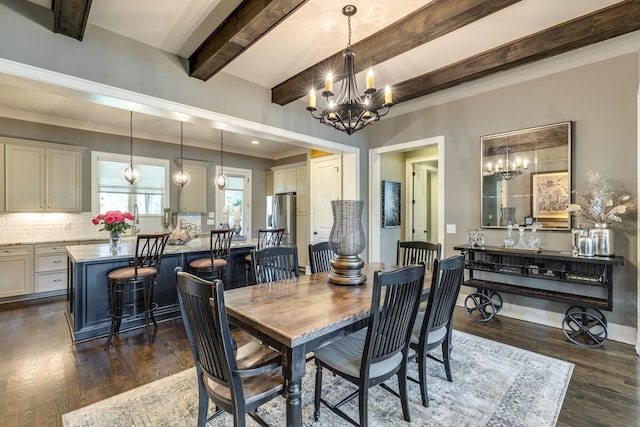 dining area with a chandelier, dark wood finished floors, and beamed ceiling