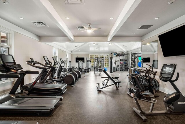 6752 Falls Ridge Ln, College Grove, TN 37046 - exercise room featuring beam ceiling, ceiling fan, recessed lighting, and baseboards