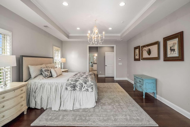 6752 Falls Ridge Ln, College Grove, TN 37046 - bedroom featuring a chandelier, dark wood-type flooring, a tray ceiling, recessed lighting, and baseboards