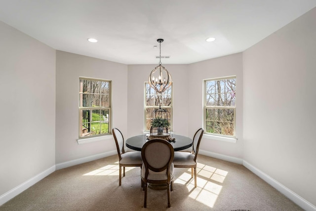 6752 Falls Ridge Ln, College Grove, TN 37046 - dining room featuring a chandelier, baseboards, light colored carpet, and recessed lighting