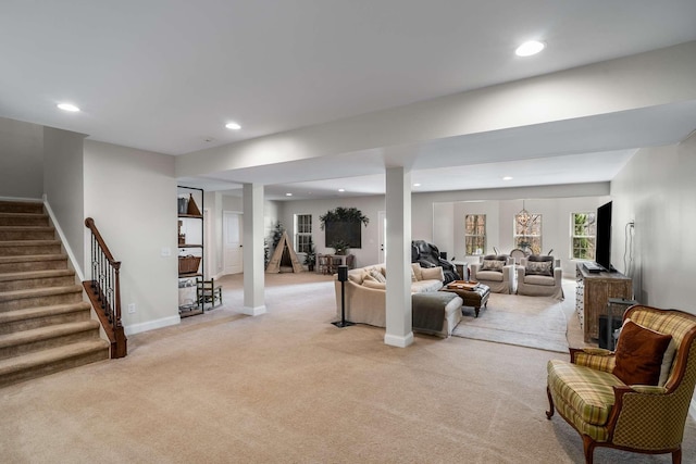6752 Falls Ridge Ln, College Grove, TN 37046 - living room with light carpet, stairway, recessed lighting, and baseboards
