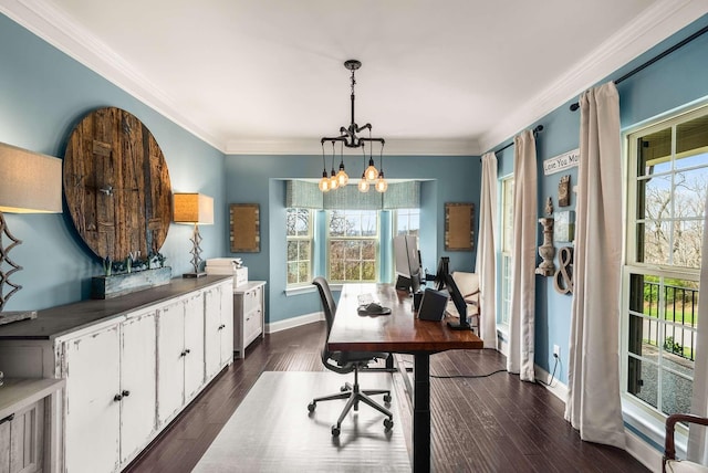 6752 Falls Ridge Ln, College Grove, TN 37046 - office with a chandelier, plenty of natural light, crown molding, baseboards, and dark wood finished floors
