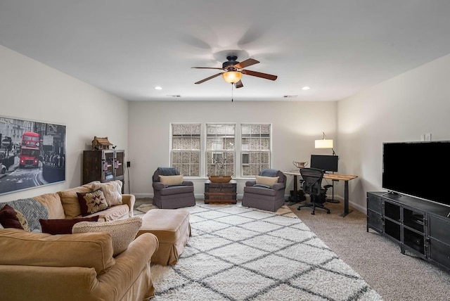 6752 Falls Ridge Ln, College Grove, TN 37046 - living room with ceiling fan, carpet flooring, an office area, baseboards, and recessed lighting