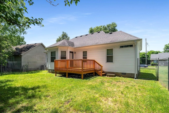 back of property with crawl space, a gate, a deck, central air condition unit, and roof with shingles