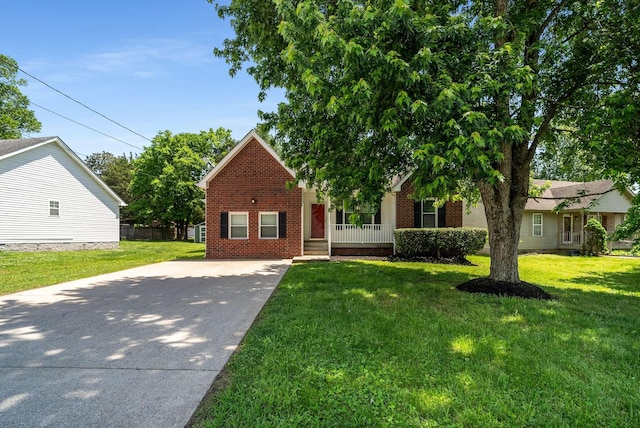 obstructed view of property with driveway, brick siding, and a front yard