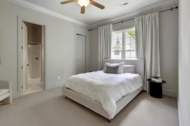 2507 Eagle Creek Way, Signal Mountain, TN 37377 - carpeted bedroom featuring ornamental molding, baseboards, ensuite bathroom, and a ceiling fan