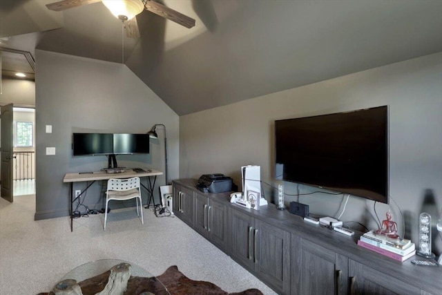 2507 Eagle Creek Way, Signal Mountain, TN 37377 - carpeted living room featuring ceiling fan, baseboards, and lofted ceiling