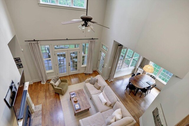 2507 Eagle Creek Way, Signal Mountain, TN 37377 - living room featuring a high ceiling, healthy amount of natural light, a ceiling fan, wood finished floors, and french doors